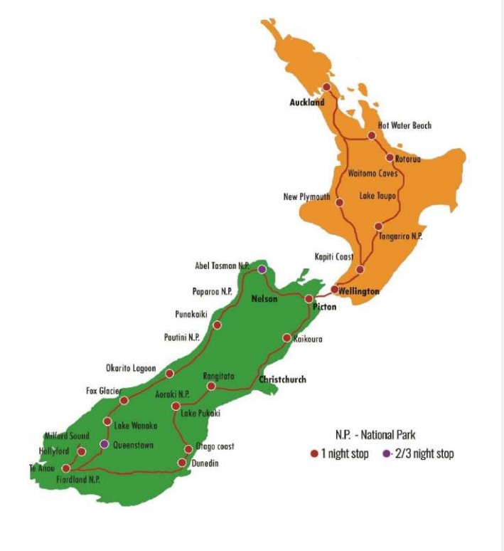 Map Nieuw Zeeland trip