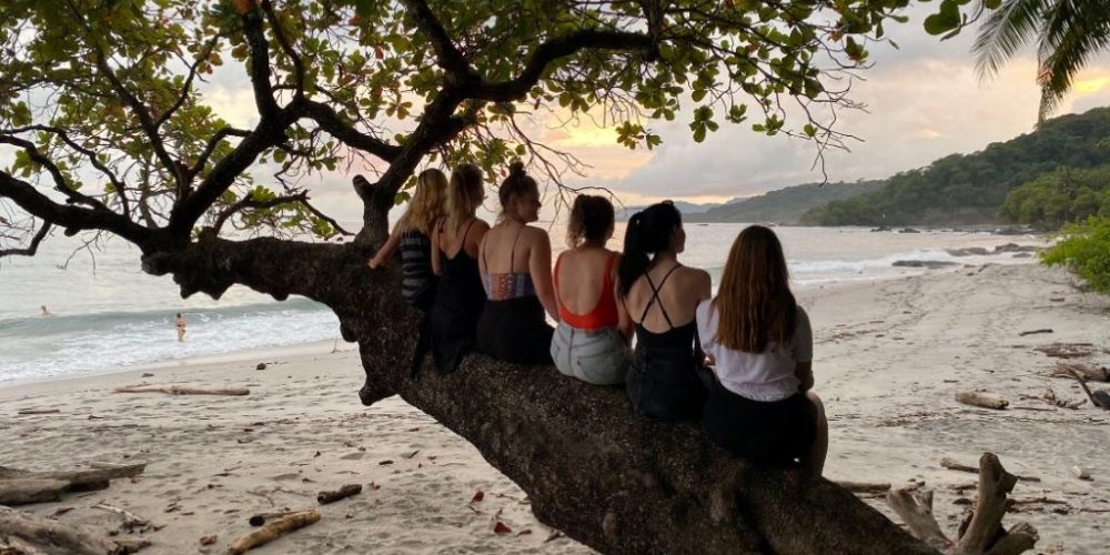 Groep boom hangouts in Costa Rica tijdens zonsondergang