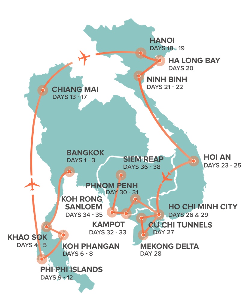 Routemap van de Zuidoost-Azië Ultimate Groepsreis voor jongeren