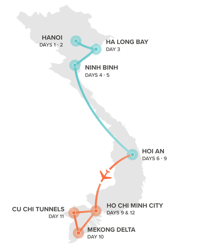 Vietnam Intro Routemap 9 en 12 dagen