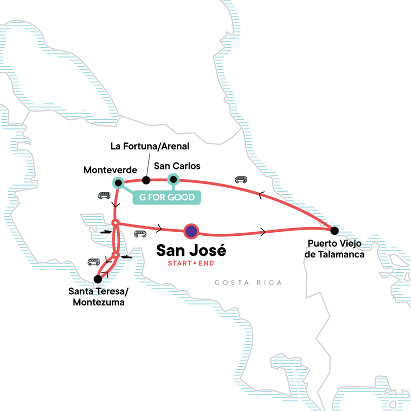 Routemap Costa Rica Budget Groepsreis